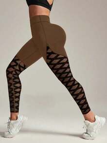Slayform 女士几何网眼拼接高腰休闲健身紧身裤 - 棕色 - 查看 7