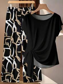 Rusticease 女士系带蝴蝶结衬衫和直筒裤两件套 黑白抽象图案裤装套装，休闲 - 彩色 - 查看 3