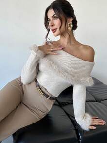 Firerie 女款優雅不對稱肩長袖人造毛飾邊針織毛衣，純色修身拼接肩秋冬用餐上衣 - 杏色 - 查看 5