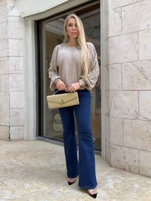 Cioccolato Solid Color Round Neck Pearl Decor Elegant Long Sleeve Pullover Sweater,Long Sleeve Tops In Fall/Winter - Khaki - View 6