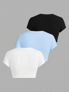 SHEIN EZwear Bộ 3 áo thun nữ cổ tròn tay ngắn in họa tiết nơ và quả anh đào, phù hợp cho mùa hè - Nhiều màu - Xem 2