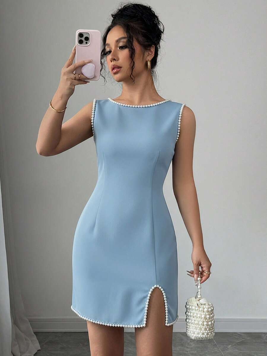 Elenzga Đầm mini nữ thanh lịch, lãng mạn, không tay, cổ tròn, màu đen trắng, dệt kim, đính ngọc trai, xẻ tà ôm sát, thích hợp cho dạo chơi mùa xuân, hẹn hò, tiệc tối, ngày Valentine. - Màu xanh bụi bặm - Xem 1