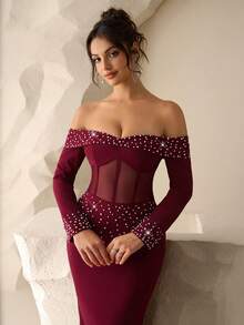 Coutiva Women's Elegant Off-Shoulder Pearl Embellished Mermaid Gown,Luxury Rhinestone Sequin Burgundy Formal Evening Dress For Wedding,Party,Ball&Graduation - Burgundy - View 7