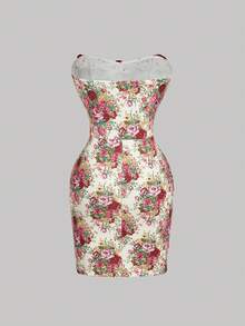 SHEIN MOD Đầm ngắn cúp ngực họa tiết hoa dành cho nữ với trang trí hoa 3D. - Nhiều màu - Xem 4