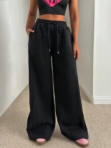 CasuGlow Women Loose Fit Front Stitch Detailed Sweatpant Pant - Black - View 3