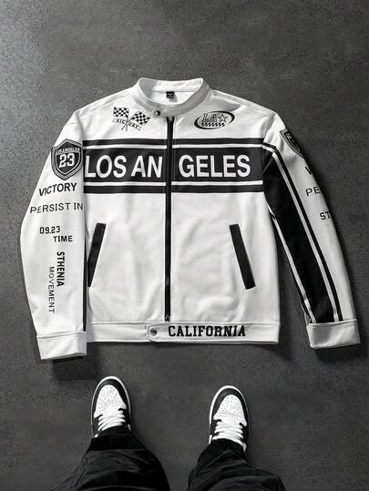 PAVTROS Manfinity Streetrush Men's Letter Print Splice Biker Bomber Jacket Long Sleeve Outerwear, Autumn Going Out Fashion Graphic Color Block Jacket, For Friends, Husband, Boyfriend Gifts, For Fall