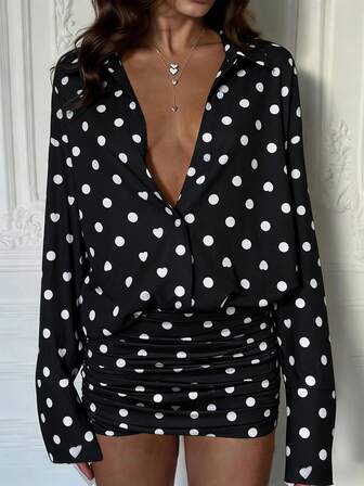 Cévolie 2025新款女士波点印花前扣长袖时尚迷你连衣裙