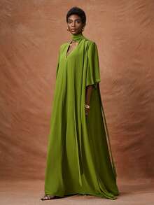 Zivah 2026 Spring/Summer New Music Festival, Easter, St. Patrick's Day, Valentine's Day, Date, Western, Nomadic, Birthday Party, Graduation, College, Student, Daily Casual, Basic, Leisure, Vacation, Cruise, Beach, Sunbathing, Viral Hit, Streetwear, Wedding Guest Boho, Commute, Brunch, Airport, Party, Holiday Outing, Office Wear V-Neck Mid-Sleeve Long Loose A-Line Dress With Sash, Pleated, Green, Pockets - Green - View 4