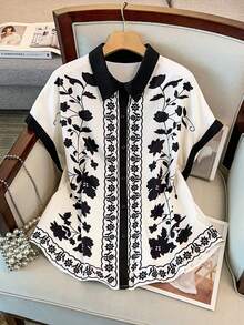 GlowEve CURVE Plus Size Elegant Floral Color Block Shirt, Slim Fit Design, Suitable For Daily Commute, Outings, Parties And Vacations - Black and White - View 1