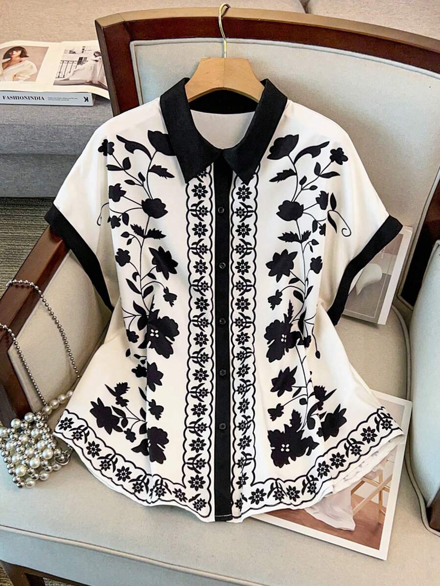 GlowEve CURVE Plus Size Elegant Floral Color Block Shirt, Slim Fit Design, Suitable For Daily Commute, Outings, Parties And Vacations - Black and White - View 1