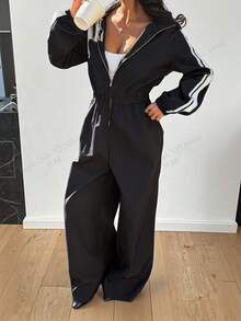 Muchica 女士立领拉链腰部褶皱休闲日常长袖连体裤 - 黑色 - 查看 3