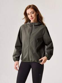 OutZeal Women Outdoor Jacket Workout Gym Hooded Drawstring Hem Jacket - Dark Green - View 8