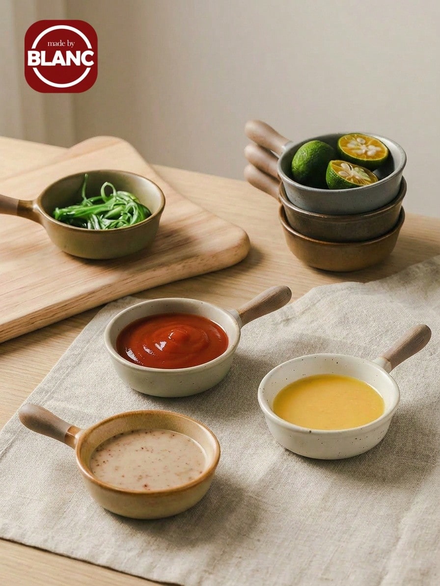 Madebyblanc 1PC Japanese Style Coarse Pottery Dipping Dish With Handle, Ceramic Seasoning Dish, Soy Sauce Dish, Sushi Restaurant Snack Dish, Household Vinegar Dish Set - Multicolor - View 1