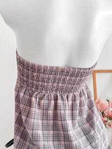 Comfortcana Women's Plaid Minimalist Casual Tie Front Bandeau Top - Blue - View 5