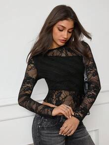 Aidyla Women's Black Long Sleeve Lace Patchwork Textured Casual Top, Autumn/Winter Black Lace Top - Black - View 5