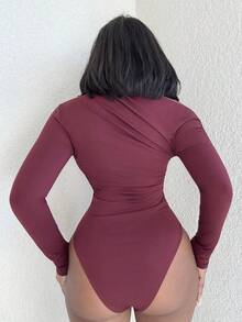 Alexandranx 1 件女式优雅纯色不对称领口长袖紧身衣，秋季 - 酒紅色 - 查看 2