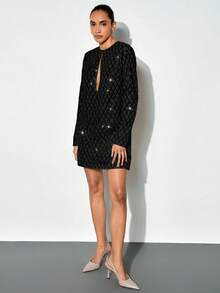 Maija 女士圆领镂空亮片短款连衣裙，都市时尚商务休闲优雅百搭连衣裙，适合日常穿着、派对、约会、夏季等场合