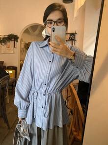 DAZY Blusa casual y formal de manga larga con cuello vuelto, cintura ceñida y estampado de rayas para mujer, primavera/otoño - Azul - Ver 3