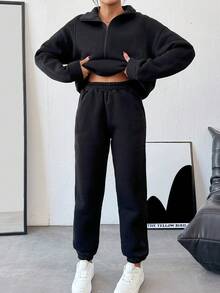 EURMUSE Half Zipper Drop Shoulder Sweatshirt Set With Jogger Pants,Winter,Fleeze - Black - View 4