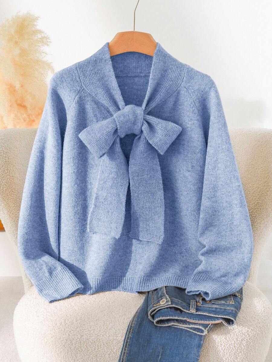 CosyJoli Plus Size Women's Elegant French Bowknot Casual Romantic Knit Blouse In Fall/Winter - Baby Blue - View 1
