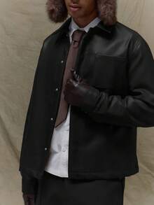 Musero Boxy Fit Long Sleeve Leather Collard Button Up Shirt Jacket Hidden Placket Detailing Fall SPRING SUMMER - Black - View 6