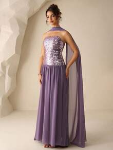 Coutiva Luxury Sequin Embellished Formal Gown, High-End Elegant Party Dress - Purple - View 5
