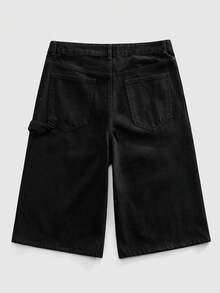 ROMWE MEN Men's Sparkling Rhinestone Loose Fit 3/4 Length Denim Shorts - Black - View 3