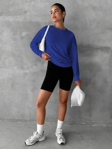 EURMUSE Cotton Solid Drop Shoulder Sweatshirt - Blue - View 4