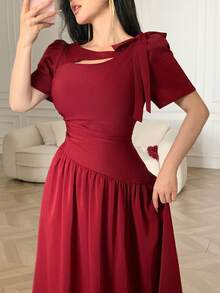 New Arrival French Style Hollow Collar Tie Waist Ruched Elegant Dress - Burgundy - View 3