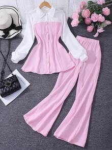 2pcs/Set 13-16 Years Old Teens Fashion Casual British Style Lapel Patchwork White Long Sleeve Shirt + Straight Leg Pants Outfit, All Season - Pink - View 4