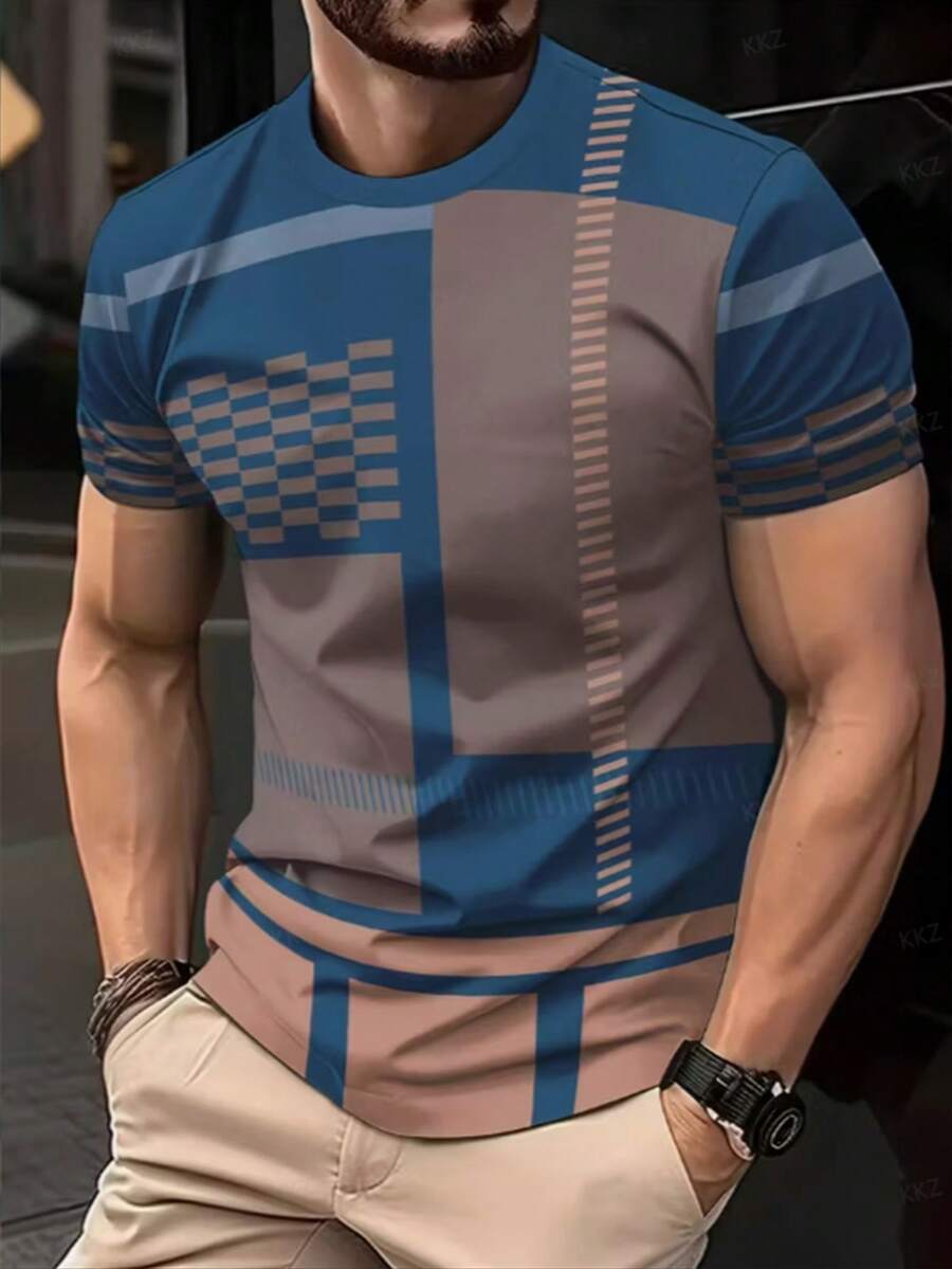 Manfinity Dauomo Men's Business Mature Printed T-Shirt, Blue Stylish Short Sleeve - Multicolor - View 1