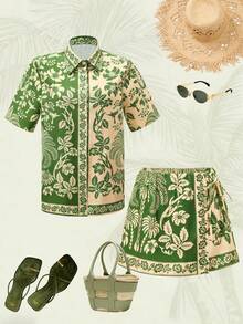 Swim Oasis 女士热带印花系带裹身短裤罩衫，休闲度假 - 彩色 - 查看 2