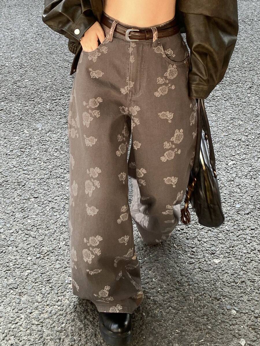 DAZY Jeans casuales de pierna ancha y suelta con estampado floral para mujer - Azul - Ver 1