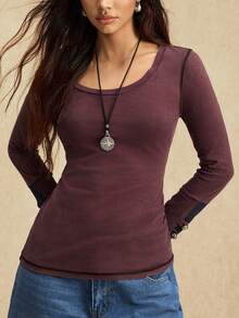 Easelle Casual Retro Scoop Neck Fitted Metal Design Women T-Shirt Women Long Sleeve Tops Winter Tops For Women Long T Shirt For Women Fitted Tops Women Winery Clothes For Women