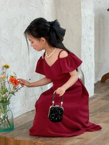 DAZY Young Girl' Ruffle Trim Solid Color Party Birthday Casual Summer Dress - Burgundy - View 1