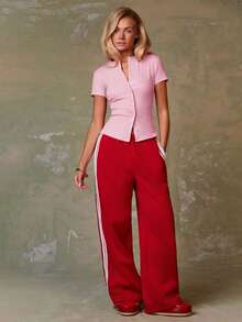 Athîral 女士粉色休闲日常通勤纯色罗纹针织单排扣修身T恤，柔软舒适的弹力针织面料，修身版型，粉色上衣，情人节礼物，情人节，生日礼物，外出上衣，休闲衬衫，夏季女装，春季女装 - 粉色 - 查看 5