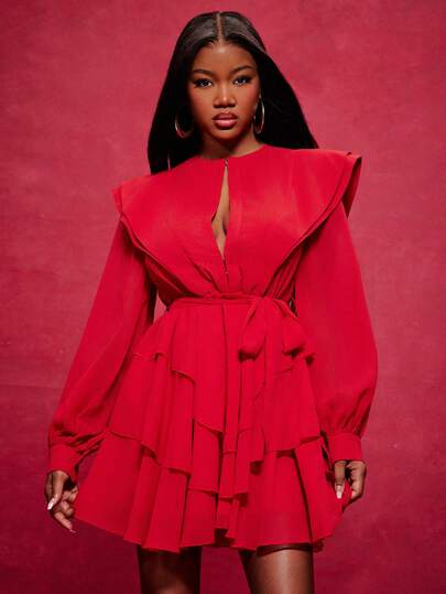 NYA SZN Dress Bishop Long Sleeve Ruffle Drape Detail Cut Out Plunge Neck Flowy Loose Red Chiffon Date Going Out Party Event Mini Length Outfits For Women