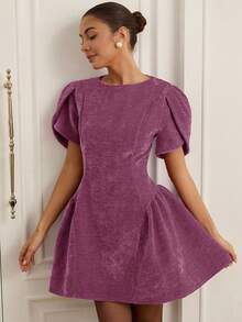 Revavyn Tulip 3D Short Sleeve Round Neck Hem Split Puff Skirt Mini Princess Dress For Women - Purple - View 5