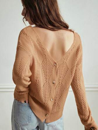 Écloséra Solid Color V-Neck Hollow Out Casual Versatile Long Sleeve Pullover Sweater