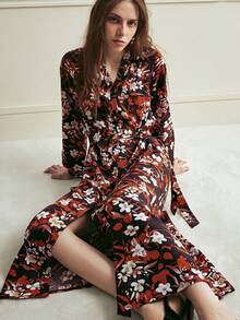 Écloséra French-Style Black Floral Women's Shirt Dress,Autumn Ellegant Tea Party V-Neck Long-Sleeved Waist-Cinching Dress With Tie Belt,Casual Vacationing Wear - Brown - View 1