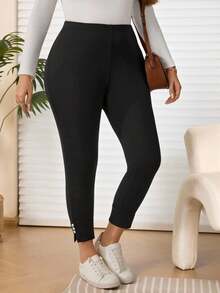 EMERY ROSE Damskie eleganckie, codzienne, czarne legginsy z podszewką termiczną i zdobionymi guzikami, w dużych rozmiarach, zimowe