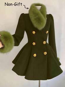 GlowEve Women's Elegant Regular Jacket With Fur Collar And Metal Double-Breasted Design, Autumn/Winter