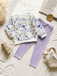SHEIN Vintaside Kids 女童黄色渐变花卉长袖卫衣和罗纹打底裤套装，时尚可爱，适合春秋季穿着 - 紫色 - 查看 5