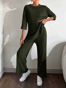 EURMUSE 100%Cotton Drop Shoulder Tee & Wide Leg Pants - Dark Green - View 5