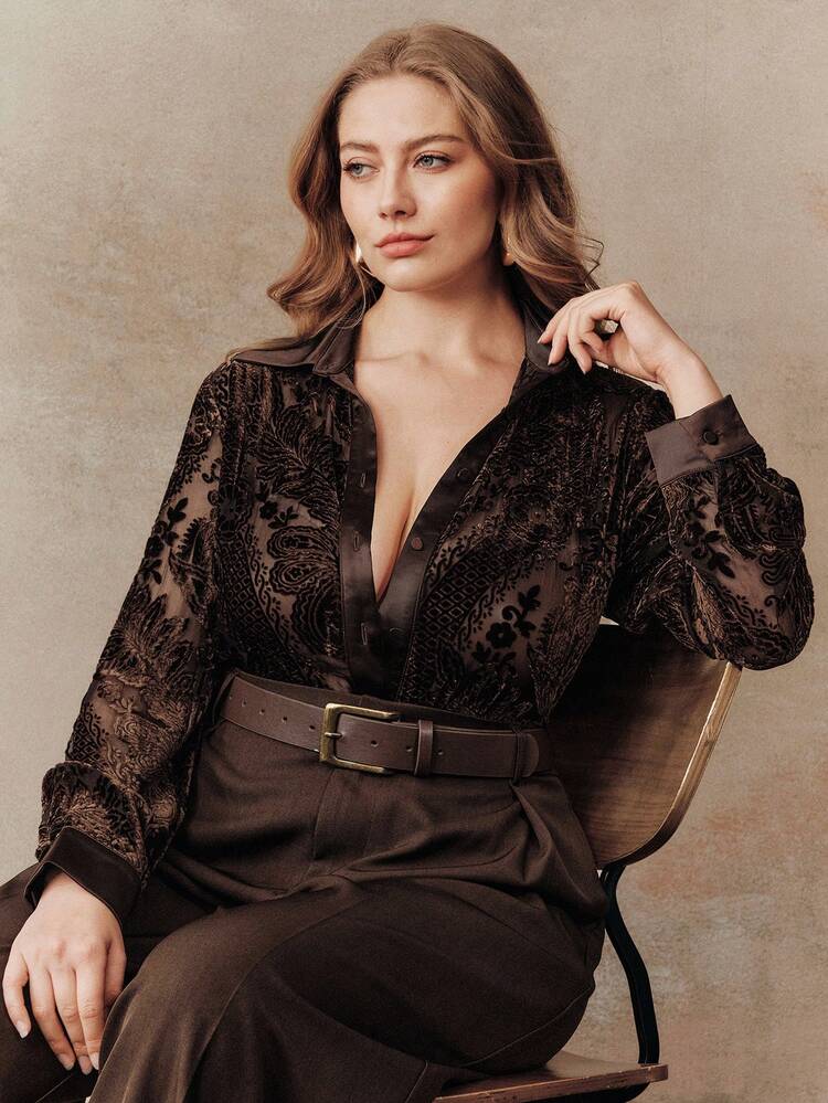 Valentine Plus Size Women Velvet Burnout Design Loose Retro Casual Shirt, Suitable For Autumn, Fall, Winter, Going Out, Elegant, Formal, Chic, New Year, Christmas, Graduation, Wedding, Business