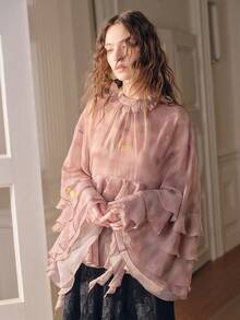 Savoree Spring Ruffled Collar Long Sleeve Loose Pink Blouse, Elegant Romantic Women Casual Outerwear Top - Pink - View 6