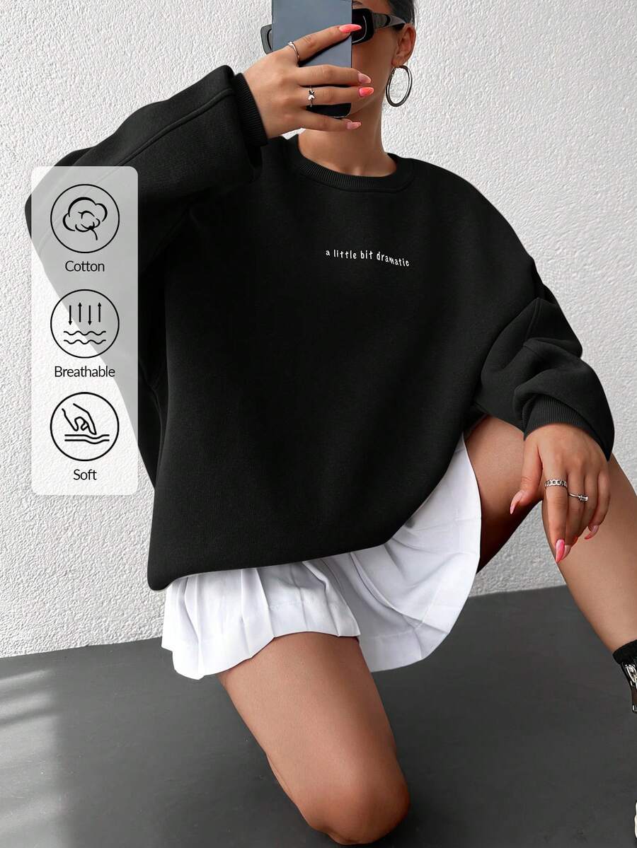 EURMUSE 100%Cotton Slogan Pattern Drop Shoulder Sweatshirt - Black - View 1