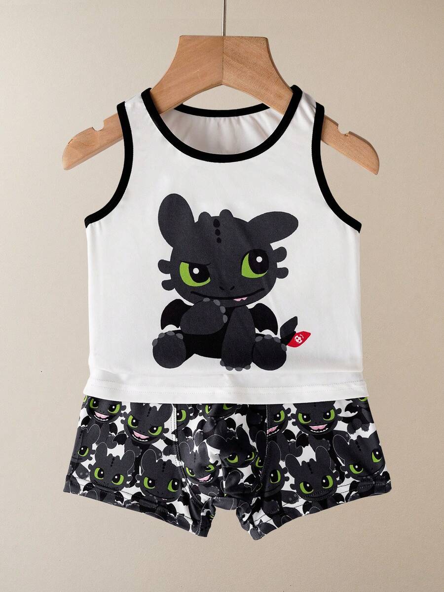 SHEIN How to Train Your Dragon Young Boy Comfortable Cartoon Dragon Print Contrast Trim Tank Top And Shorts Underwear Set, Summer - White - View 1