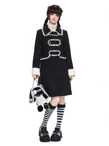 ROMWE Gothic Style Fitted Lace Trim Open Front Mid-Length Wool Blend Coat - Black - View 1
