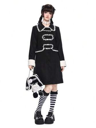 Goth Abrigo de lana de longitud media con abertura frontal y adorno de encaje, estilo gótico